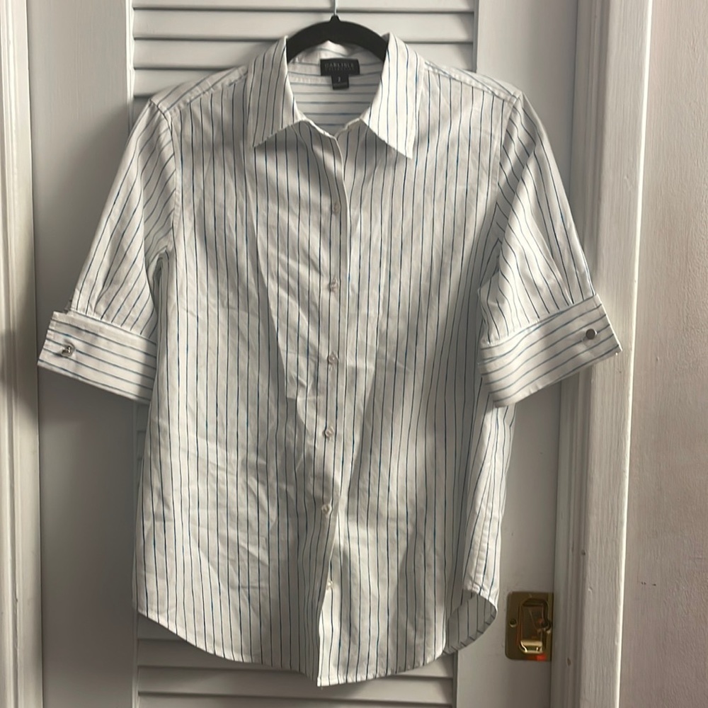 Carlisle Collection Like New White/Blue Pinstripe Button Down,Cufflings SIZE 2